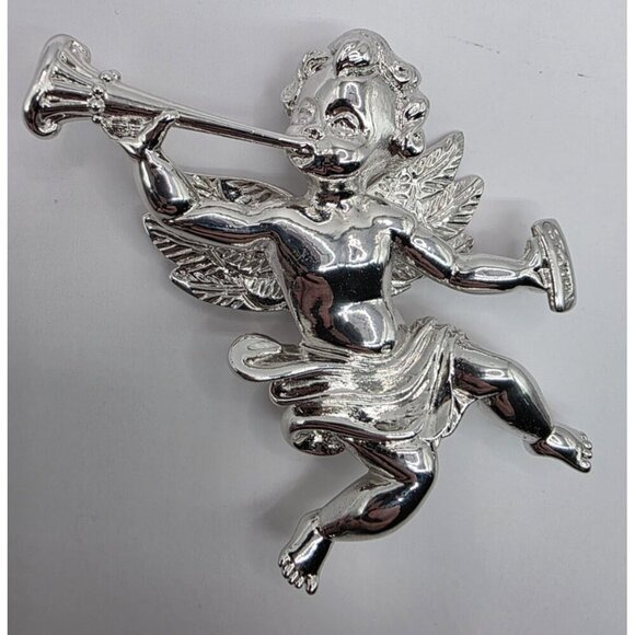 Vtg‎ St. John Cherub Angel Brooch Pin Silver Plated Double Signed 3" Christmas - Picture 10 of 13